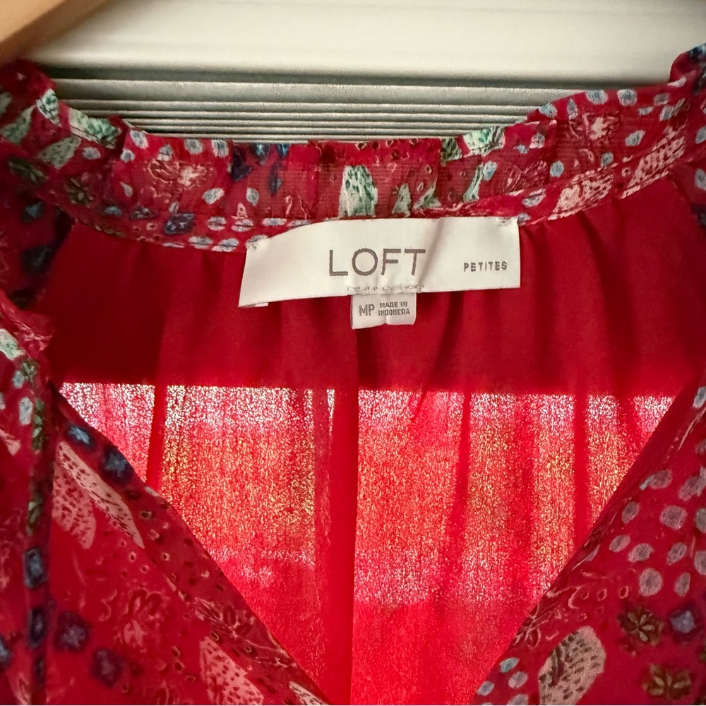 LOFT Red Sheer Printed Ruffle-Neck Blouse - Picture 2 of 5